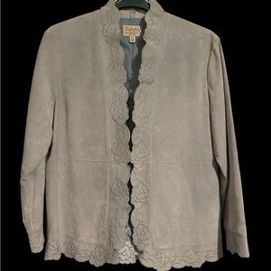 Cabela’s Women’s 2XL Suede Leather Jacket Blue Green Floral Trim Open Front